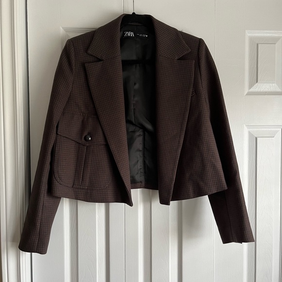 Zara Brown Plaid Cropped Blazer - Picture 2 of 15